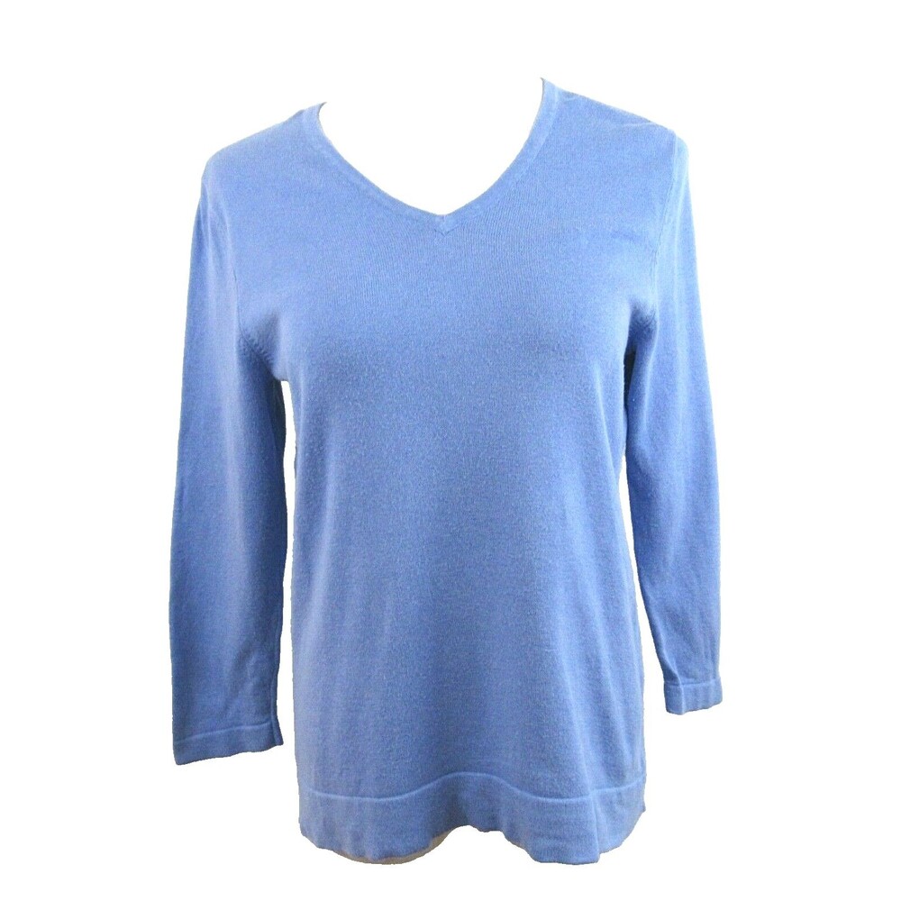 Land's End Women's Size Medium Pullover Knit Sweater V-Neck Blue Cotton Blend